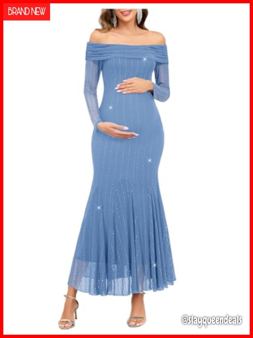 Sparkly Maternity Dress Off Shoulder Long Sleeve Mermaid Baby Shower Gown Flowy